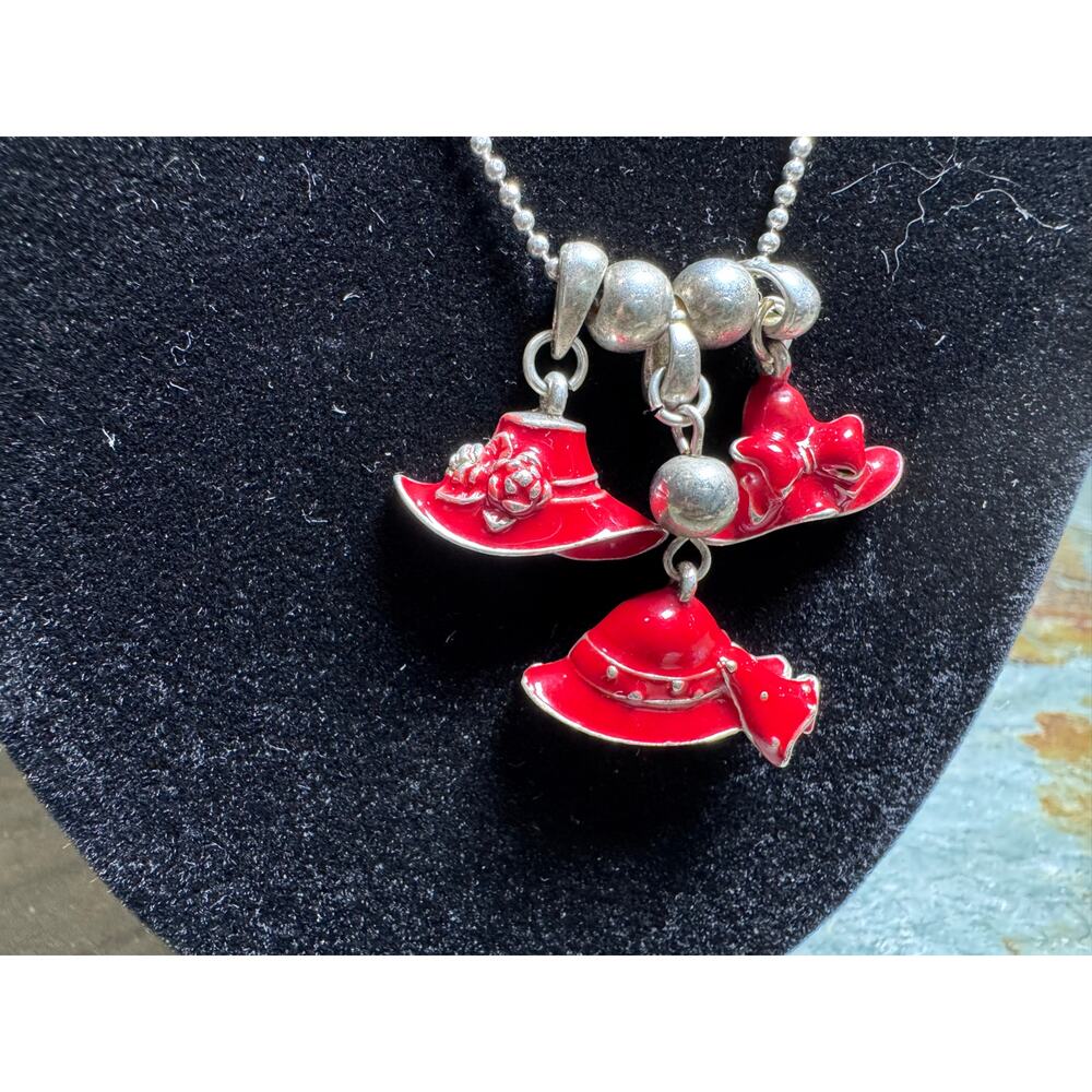 Red Enamel Hat Charm Necklace | Silver-Tone Ball Chain Statement Pendant